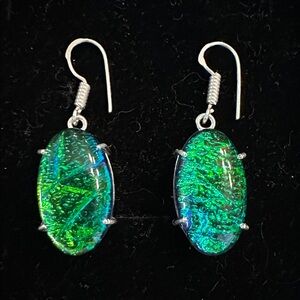 Green and Blue Triplet Opal Sterling Silver Overlay Earrings